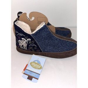 Acorn Slippers Forest Bootie Navy Blue Moose Embroidered Women’s Size 6.5-7.5